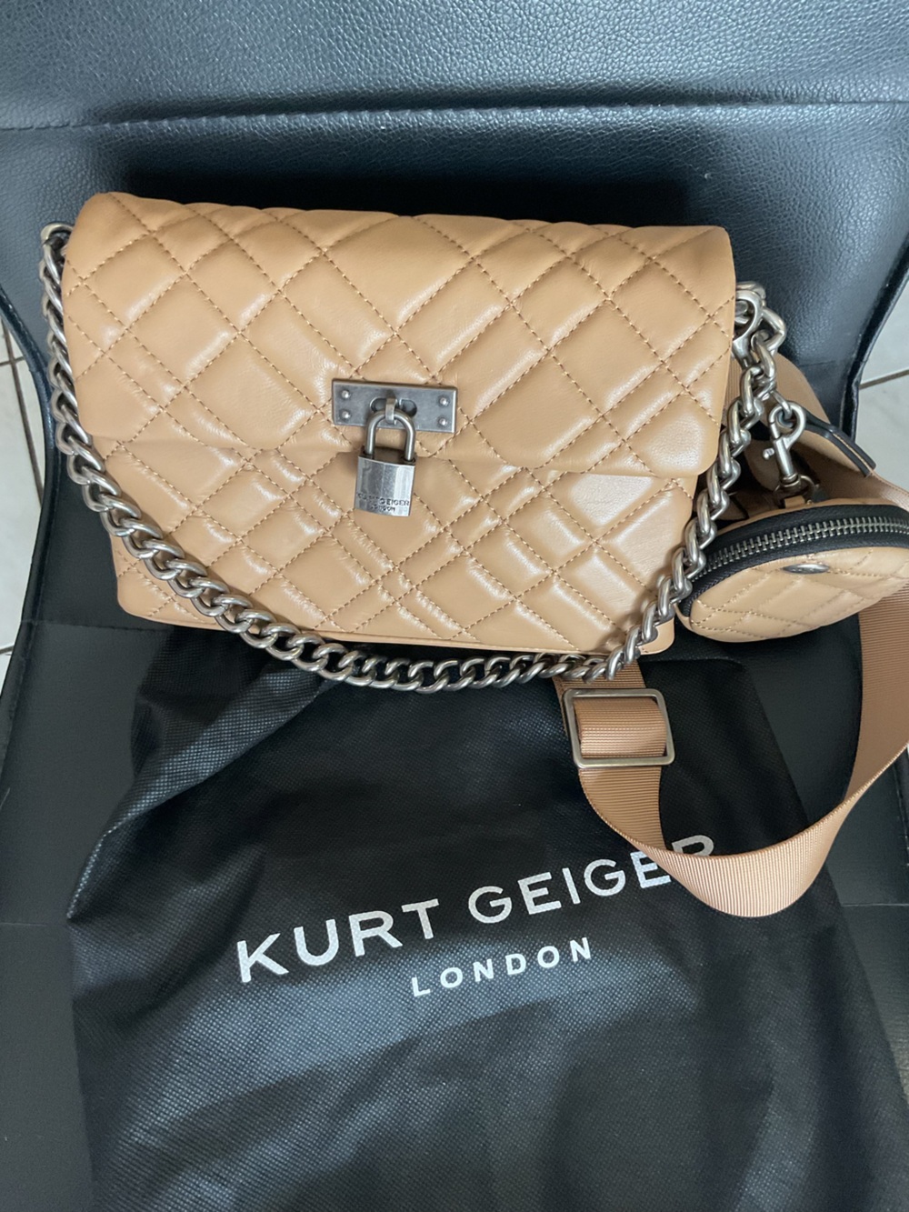 Kurt Geiger Tan Quilted Leather Crossbody with Lock and Coin Pouch - Picture 3 of 7